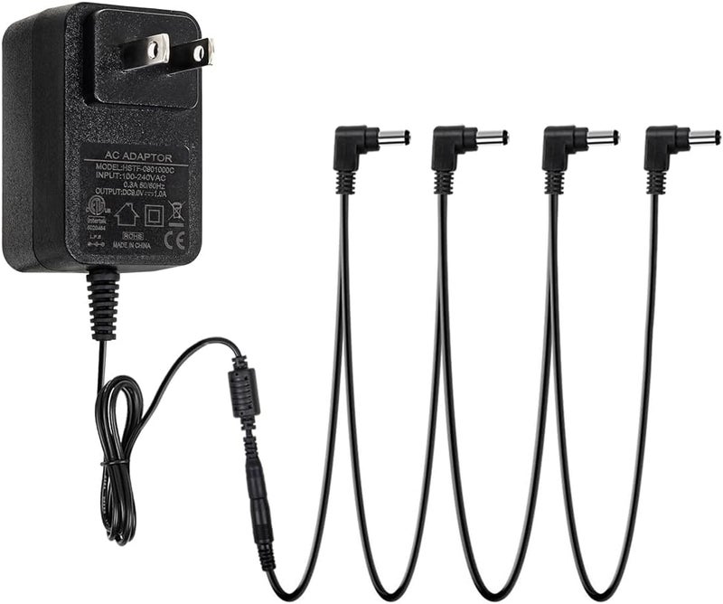STRICH SPA-10 Guitar Pedal Power Supply Adapter (1000mA -1A) AC DC 9V with 4 Way Daisy Chain Pedal Cables, Compatible for Most Effect Pedals (Tip Negative), Black - Image 1